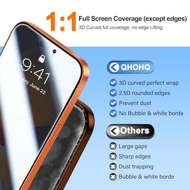 QHOHQ [1-Second Auto-Install] 3 Pack Privacy Screen Protector for iPhone 17 Pro Max [6.9 Inch] + 1 Set Camera Lens Protector, 25° Anti Spy Tempered Glass, [Military Grade Shatterproof], Case Friendly - Image 6