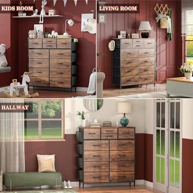 Lulive Dresser for Bedroom with 12 Drawers, Tall Dresser Chest of Drawers with Side Pockets and Hooks, Fabric Dresser Storage Tower for Closet, Hallway, Living Room (Rustic Brown) - Image 7
