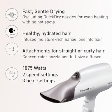 Panasonic Nanoe Salon Hair Dryer with Oscillating QuickDry Nozzle, Diffuser and Concentrator Attachments, 3 Speed Heat Settings for Easy Styling and Healthy Hair - EH-NA67-W (White) - Image 2