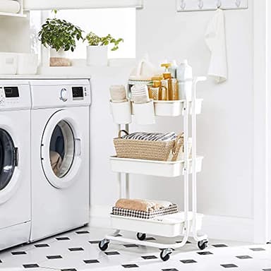 SONGMICS Rolling Cart, 3-Tier Storage Cart, Storage Trolley with Handle 2 Small Organizers, Steel Frame, Plastic Baskets, Utility Cart, Easy Assembly, for Bathroom Laundry Room, White UBSC067W01 - Image 6