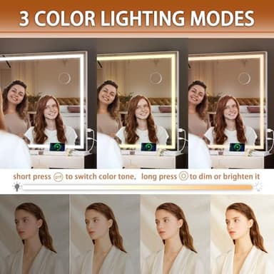 Hasipu Vanity Mirror with Lights, 40" x 30" LED Makeup Mirror, Lighted Makeup Mirror with Dimmable 3 Modes, Touch Screen Control Vanity Mirror Square White - Image 3