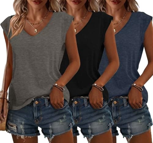 Bliwov 3 Pack Womens Cap Sleeve Tops V Neck T Shirts Summer Fall Outfits Plus Size Beach Vacation Fashion Tee Workout Clothes - Image 1