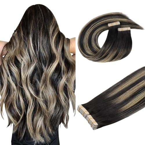 DOORES Hair Extensions Tape in Human Hair, Balayage Natural Black to Light Blonde 20 Inch 40pcs 100g, Human Hair Extensions Tape in Straight Real Natural Hair - Image 1