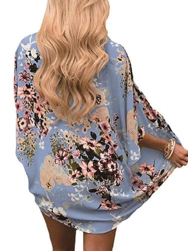 Chunoy Women Casual Sheer Floral Kimono Cardigan Half Sleeve Chiffon Shawl Beach Wear Loose Cover Up Top Blue Large - Image 4
