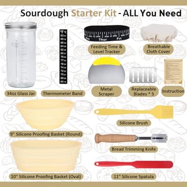 Sourdough Starter Kit, 34oz Sourdough Starter Jar, 2 Bread Proofing Baskets, Thermometer, Feeding Time Tracker, Metal Scraper, Easy to Clean, Complete Sourdough Bread Baking Supplies for Beginners - Image 2