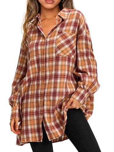 EXLURA Womens Plaid Flannel Shacket Long Sleeve Button Down Shirts Long Jackets Oversized Spring Fashion Outfits 2025 Clothes Orange Red - Image 1