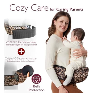 Momcozy Hip Seat Baby Carrier - Adjustable Waistband with Original 3D Belly Protector, Ergonomic Carrier with Various Pockets for Newborns & Toddlers up to 45lbs (Leopard, Medium) - Image 4
