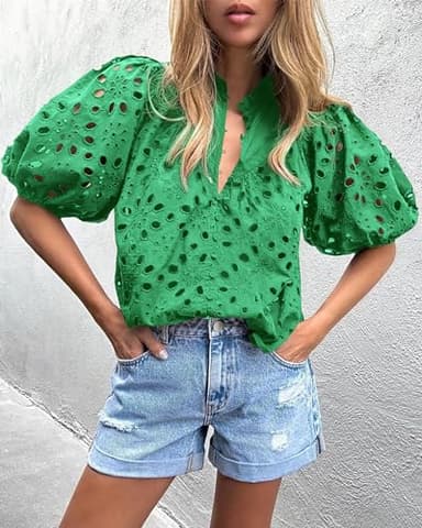 PRETTYGARDEN Women's Summer Tops 2025 Dressy Casual Short Sleeve V Neck Buttons Hollow Out Lace Embroidered Blouses Shirts (Green,Medium) - Image 6