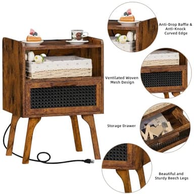 Lerliuo Rattan Nightstands Set of 2 with Charging Station, Boho Side Table with Drawer Open Shelf, Cane Accent Bedside End Table with Solid Wood Legs for Bedroom, Dorm and Small Spaces (Brown) - Image 8