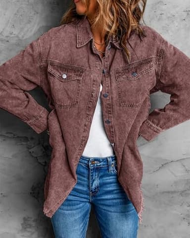 Vetinee Women's Oversized Boyfriend Brown Stone Front Button Up Frayed Raw Hem Long Sleeve Pockets Denim Jean Jacket Shacket Large Size 12 Size 14 - Image 3