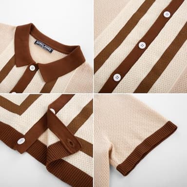 PJ PAUL JONES Mens Retro Polo Shirt Short Sleeve Button Up Knitted Italian Vintage 70s Shirts for Men Spring Summer Apricot M - Image 5