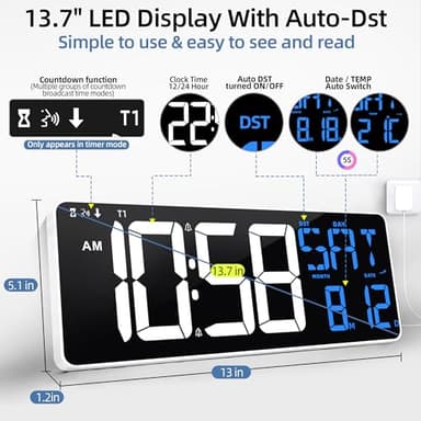 TXL 13 Inch Large Digital Wall Clock with Remote Control, 9 Color Night Light LED Desk Clock Digital with DST/Calendar/Temperature/Timer Function, Auto Dimmer, for Classroom, Living Room (White+Blue) - Image 2