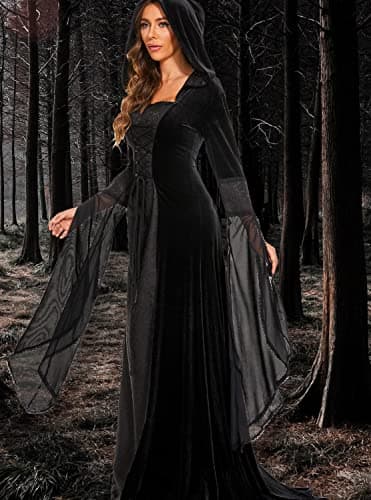BITSEACOCO Deluxe Witch Dress Costume for Women, Vintage Embroidered Renaissance Victorian Gothic Hooded Vampire Gown Dress Cosplay (Black,S) - Image 4