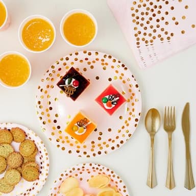 Pink and Gold Party Supplies - 350 PCS Disposable Dinnerware Set - Pink Paper Plates Napkins Cups, Gold Plastic Forks Knives Spoon for Graduation, Birthday, Cocktail Party - Image 6