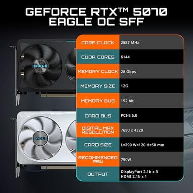GIGABYTE GeForce RTX 5070 Eagle OC SFF 12G Graphics Card, 12GB 192-bit GDDR7, PCIe 5.0, WINDFORCE Cooling System, GV-N5070EAGLE OC-12GD Video Card - Image 3
