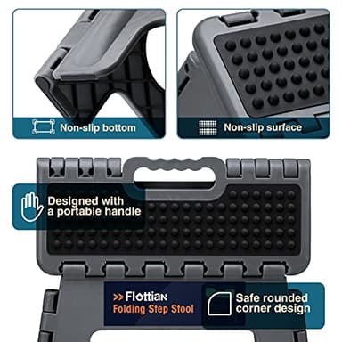 Flottian 9" Folding Step Stool for Adults and Kids Holds Up to 300 lbs,Non-Slip Folding Stools with Portable Handle, Compact Plastic Foldable Step Stool for Bathroom,Bedroom, Kitchen Gray - Image 4