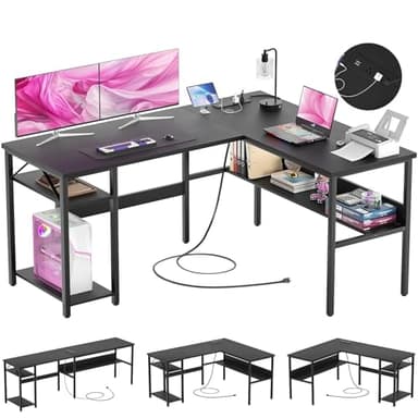 Hyomdeck Reversible L Shaped Computer Desk with Power Outlets and USB Charging Ports, Sturdy Corner Desk with Storage Shelf, Modern Work Gaming Table for Home Office, Easy to Assemble, Black - Image 1