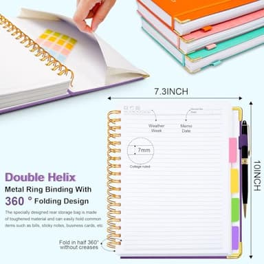 Hardcover Spiral Notebook 8"x10" Journal Notebook with Tabs and Removable Dividers 300 Pages 5 Subject Notebook College Ruled, Faux Leather Spiral Bound Notebook for Women School Work (Purple) - Image 6