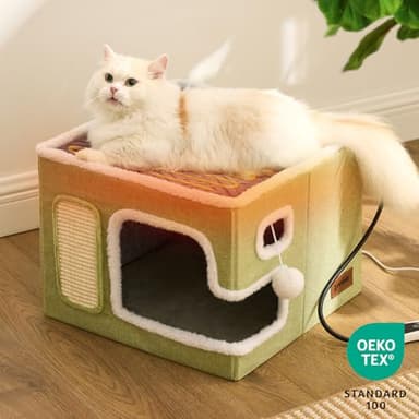 ZOMISIA Heated Cat House for Indoor Cats - Cat Warming Bed for Winter with Fluffy Ball Hanging and Adjustable Heating Pad, Foldable Cat Hideaway,16.5x16.5x13 inches, Grey - Image 2