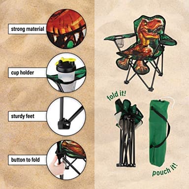 Toy To Enjoy Outdoor Dinosaur Kids Camping Chair – Foldable Children’s Chair for Camping, Tailgates, Beach, – Carrying Bag Included Mesh Cup Holder & Sturdy Construction. Ages 5 to 10 (Patent Pending) - Image 4