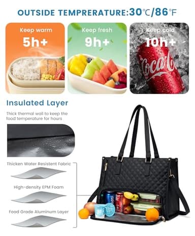 LOVEVOOK Lunch Tote Bag for Women, 15.6 Inch Laptop Bag with Insulated Lunch Compartment, Quilted Large Capacity Computer Handbag with Purse for Business, Work, Nurse, Office, Collage, Casual, Black - Image 3