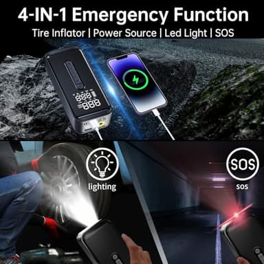 Yeaban Tire Inflator Portable Air Compressor-4X Faster 150 PSI -Rechargeable Battery & 12V DC Dual Power Supply, Smart Air Pump for Car Motorcycle Bicycle Ball with LED SOS Lighting (Black) - Image 6