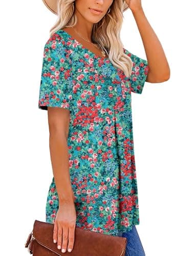 ROSELINLIN Womens Floral Tunic Tops Summer Dressy Casual Tops Short Sleeve V Neck Shirts Green Coral XL - Image 3