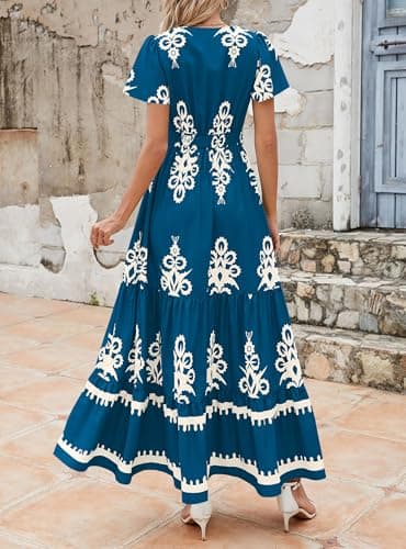 PRETTYGARDEN Womens 2025 Summer Casual V Neck Boho Maxi Dress Flowy Aline Bell Sleeve Tiered Floral Dresses with Pocket (Floral Lake Blue White,Small) - Image 2