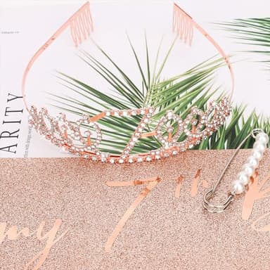 CIEHER 7th Birthday Crown + Sash + Pearl Pin Set, Girls' 7th Birthday Gifts and Happy Party Decorations - Image 6