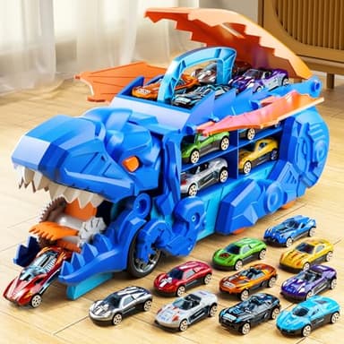 iHaHa Toddler Truck Toys for 3 4 5 6 Years Old Boys, Toys Cars Track Set Dinosaur Transporter Truck with 10 Die-Cast Car Toys, Transforms into Dino, Toddler Car Toys Set for Kids Boys Girls - Image 6