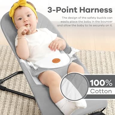 HKAI Baby Bouncer, Portable Baby Bouncer Seat for Babies 0-18 Months, 100% Cotton Fabrics, 3 Modes of use with Rocker and Stationary Options, Infant Rocker Chair with Hanging Toys-Light Grey - Image 4