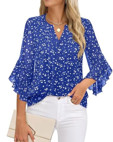 Timeson Womens 3/4 Sleeve Tops: Office Attire - Blouses for Woman - Womens Dress Shirts Junior Business Casual Tops Ladies Work Professional Clothes Elegant Fall Dressy Chiffon Tunics Spotted Blue L - Image 2