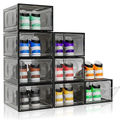 8 Pack Thicken & Clear Shoe Boxes Organizer with Magnetic Door, Stackable Storage Boxes for Shoes, Boot, Sneaker - Harder Plastic Shoe Storage Stackable Shoe Boxes for Closet Shoes Wall, Black - Image 1