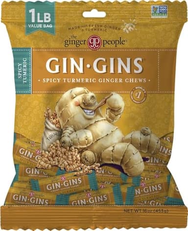 Gin GINS Spicy Turmeric Chewy Ginger Candy by The Ginger People – Anti-Nausea and Digestion Aid, Individually Wrapped Healthy Candy - Spicy Turmeric and Ginger Flavor, Large 1 lb Bag (16oz) - Pack of - Image 1