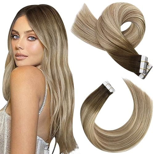 Moresoo Hair Extensions Tape in Human Hair Extensions Brown Balayage Tape in Extensions Real Hair Ombre Brown to Light Brown Mix with Blonde Glue in Extensions 14 Inch #3/8/22 20pcs 50g - Image 1