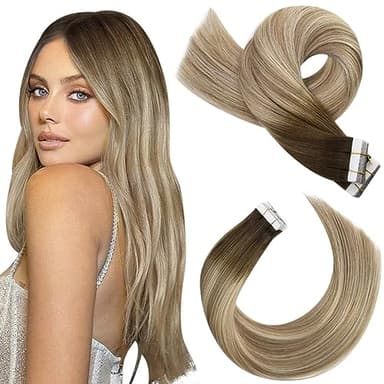 Moresoo Hair Extensions Tape in Human Hair Extensions Brown Balayage Tape in Extensions Real Hair Ombre Brown to Light Brown Mix with Blonde Glue in Extensions 14 Inch #3/8/22 20pcs 50g - Image 1