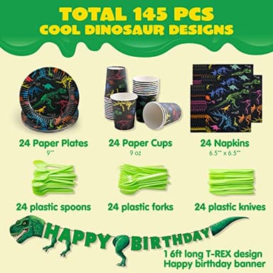 JOYIN 145 Piece Dinosaur Birthday Party Supplies with Trex Banner, 24 Serves dinosaur Disposable Tableware Set with Plates, Cups, Napkins, and Cutlery Sets for Dinosaur Themes Party Kids Years - Image 3