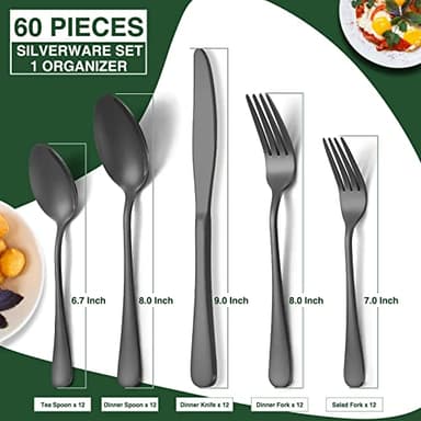 60-Piece Black Silverware Set with Organizer, AIVIKI Stainless Steel Flatware for 12, Cutlery Utensil Set for Home Restaurant, Tableware Includes Knife Fork Spoon Set, Mirror Polished - Image 3