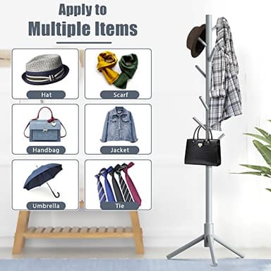 Haddockway Wooden Coat Rack Stand with 8 Hooks New Zealand Pine 3 Adjustable Coat Standing Tree Easy Assembly for Coats, Hats, Scarves and Handbags for Entryway, Hallway, Bedroom, Office - Image 6
