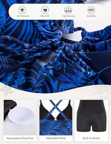 Hanna Nikole Plus Size Bathing Suit for Women One Piece Cover up Swimsuit Tummy Control Swimdress Dark Blue Leaves, 18 Plus - Image 4