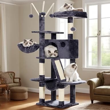Hey-brother Cat Tree, 53 inch Cat Tower for Indoor Cats, Cat House with Padded Platform Bed, Toy Balls, Large Cozy Condo, Hammocks and Sisal Scratching Posts, Smoky Gray MPJ019-SG - Image 1