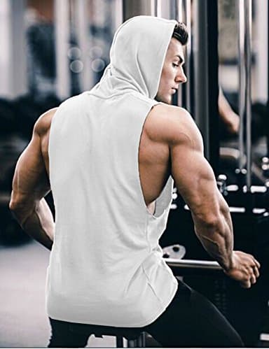 COOFANDY Men's Workout Hooded Tank Tops Bodybuilding Muscle Cut Off T Shirt Sleeveless Gym Hoodies White - Image 2