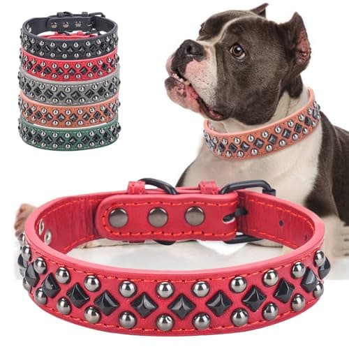 Stylish PU Leather Dog Collar with Alloy Buckle, Black Diamond Rivets, Adjustable, Durable for Small, Medium, Large Dogs - Red S - Image 1