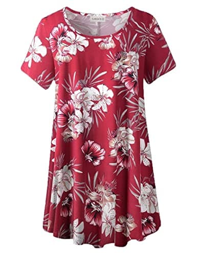 LARACE Floral Tops for Womens Tunic Plus Size Short Sleeve Shirts Loose Fit Summer Clothes Casual Flower Blouses(4X, A-Wine Red18) - Image 1