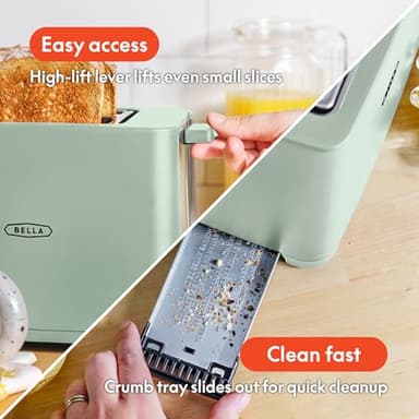 BELLA 2 Slice Toaster with Auto Shut Off - Extra Wide Slots & Removable Crumb Tray and Cancel, Defrost & Reheat Function - Toast Bread, Bagel & Waffle, Sage - Image 4