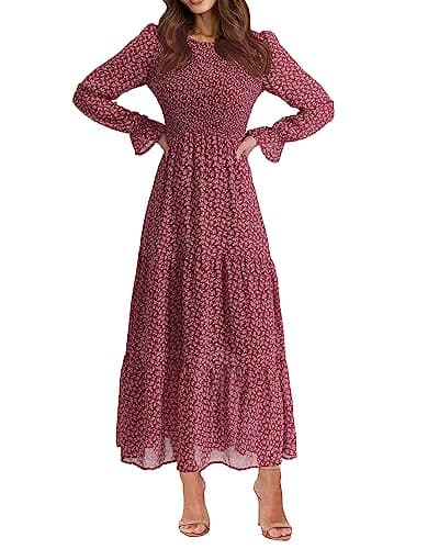 BTFBM Women Casual Long Sleeve Crew Neck Fall Dress Bohemian Relaxed Fit Floral Flowy Maxi Dresses Tiered Cocktail Dress(Floral Red White,Medium) - Image 1