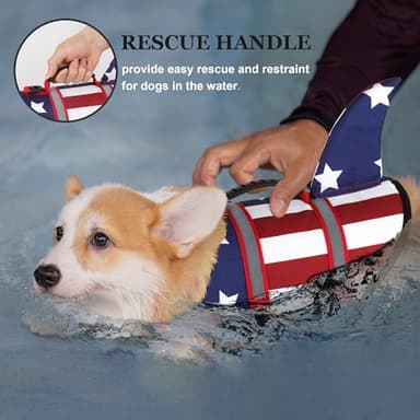 Dogcheer Dog Life Jacket Shark, American Flag Dog Life Vest with Reflective Stripes & Rescue Handle, Adjustable High Buoyancy Puppy Swim Float Vest for Small Medium Large Dogs(USA Flag, M) - Image 2