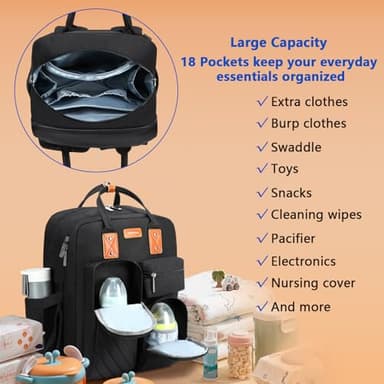 Diaper Bag Backpack, Large Capacity Baby Diaper Backpack with Tons of Pockets, Built-in Stroller Straps, Multi function Waterproof Diaper Bag (Black) - Image 2