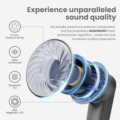 BADENBURG Airbeat 1 ANC Noise Cancelling True Wireless Earbuds with mic, Enhanced Bass Bluetooth 5.3 in-Ear Headphones with High Power Titanium Drivers, 48H Playtime, ENC for Crystal Clear Call White - Image 2