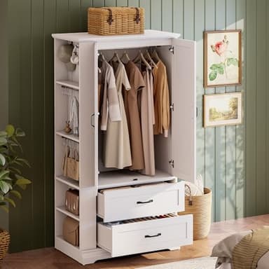 IRONCK Armoire Wardrobe Closet, 70.87" H Wooden Bedroom Armoire with 2 Louvered Doors, 2 Drawers and Shelves, Large Freestanding Clothing Storage Cabinet, White - Image 8